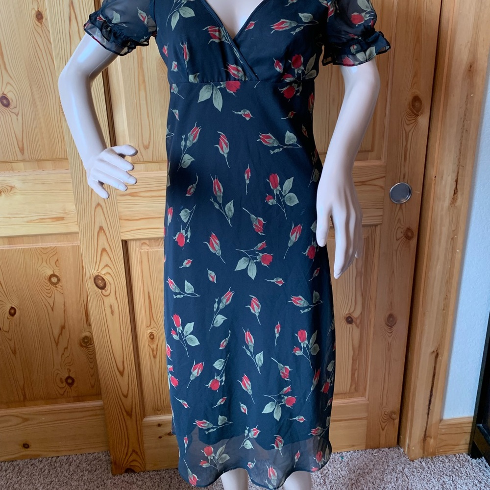 Vintage 90s Y2k Black Maxi Dress Roses Size 6 Fairy Grunge V Neck Surplice